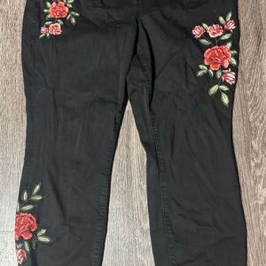 Black Jeggings with Red Floral Embroidery